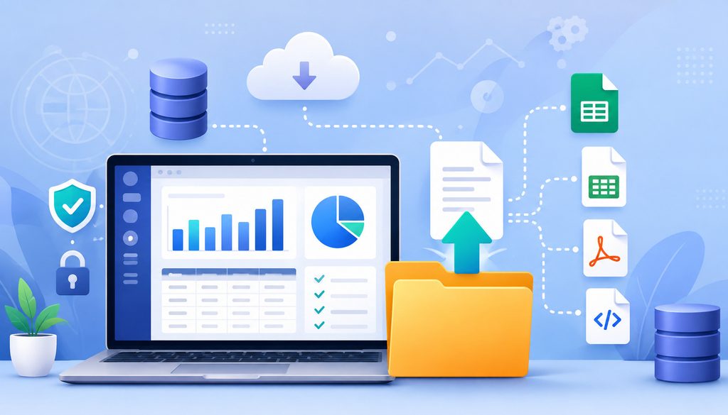 Business software data export with dashboard, cloud, database, and file format icons