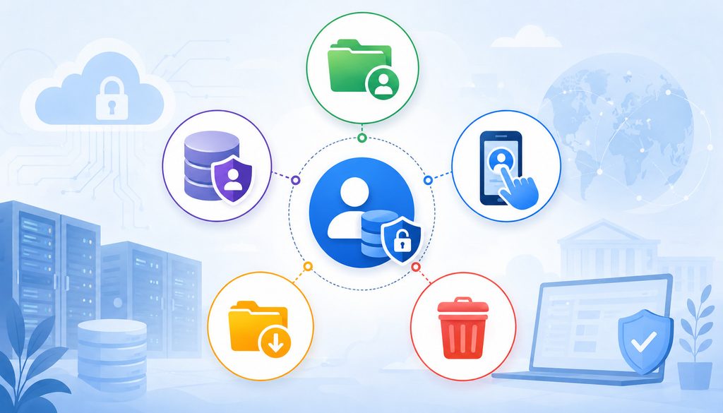 Illustration of data ownership, access, export, portability, security, and deletion