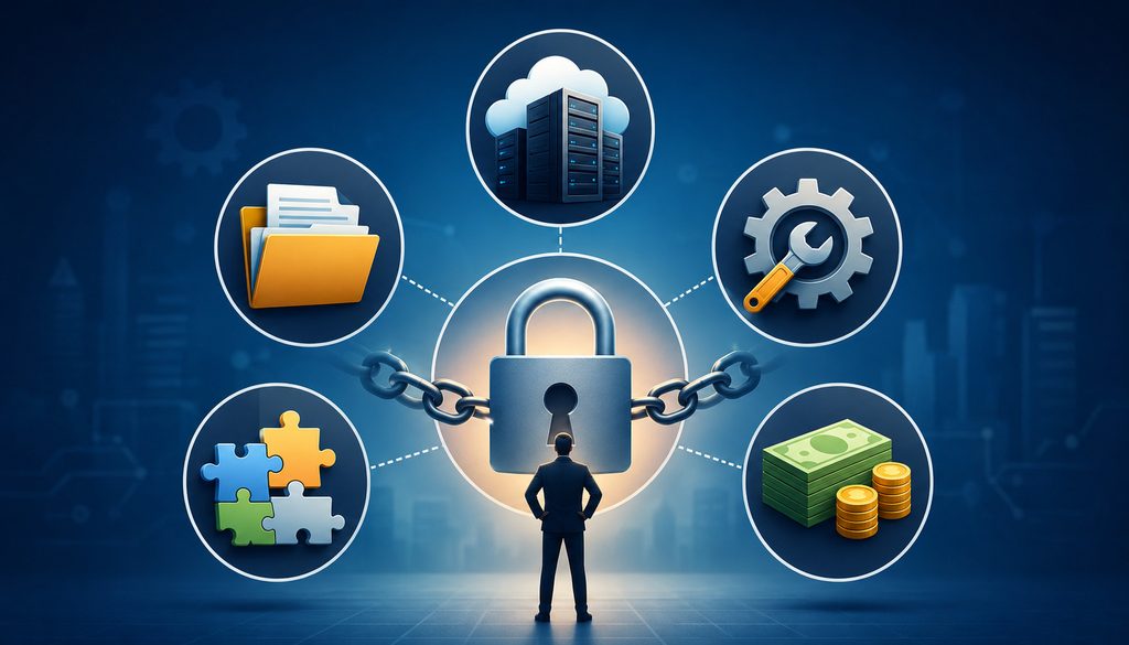 Illustration of five main types of vendor lock-in with a central padlock and business technology icons